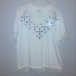 Vintage Sunbelt Western Style Silver Studs Lace Trim Top Size Large